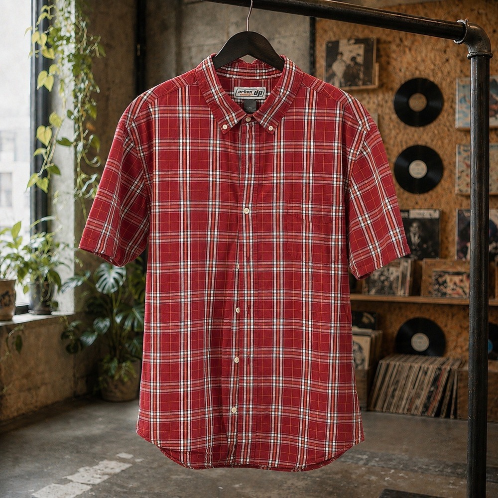 Urban Pipeline Short Sleeve Button Front Red/White/Blue Plaid Button-Down Shirt